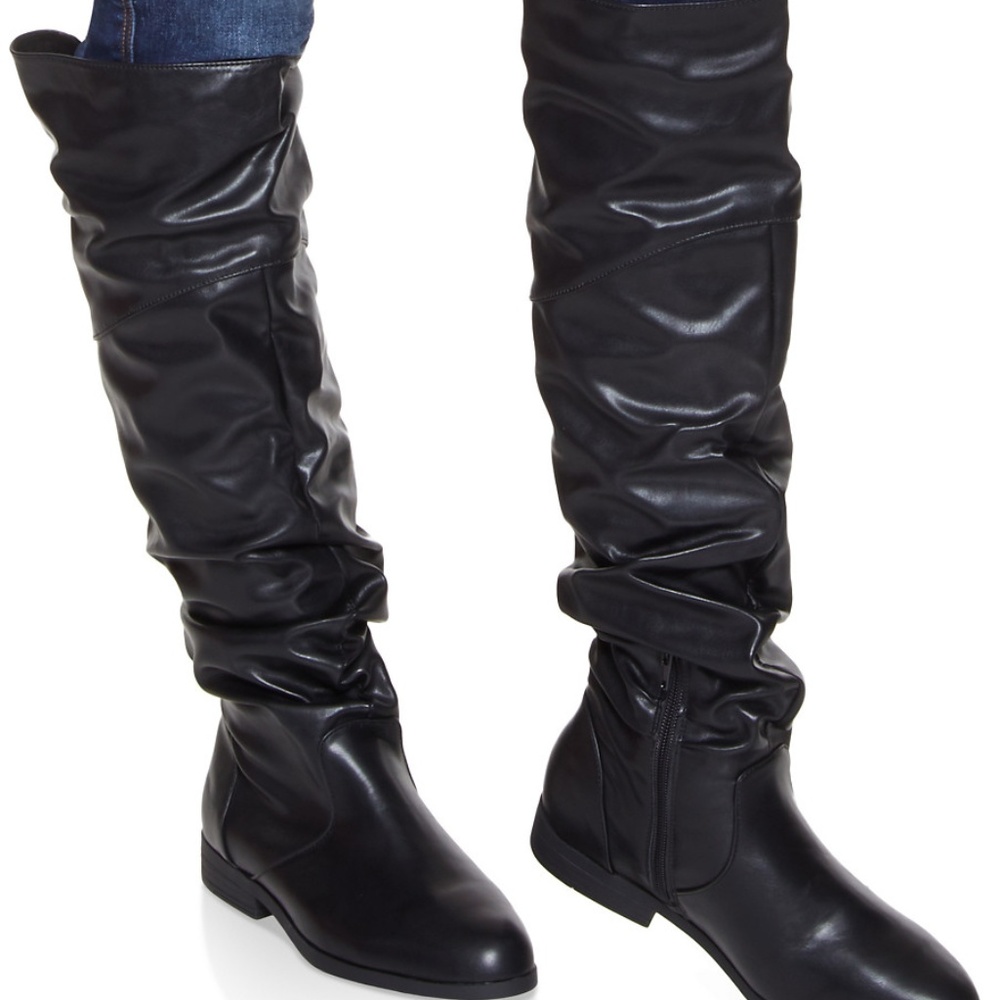 Black Side Zip Low Heel Tall Slouchy Riding Boots